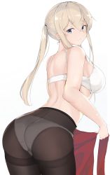 Rule 34 | 1girl, ass, blonde hair, bra, commentary request, cowboy shot, from behind, graf zeppelin (kancolle), grey eyes, gusset, hair between eyes, highres, kantai collection, looking at viewer, looking back, maruyaa (malya1006), panties, panties under pantyhose, pantyhose, shadow, sidelocks, solo, tsurime, twintails, underwear, white background, white bra, white panties
