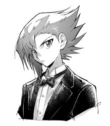 Rule 34 | 1boy, aoki (fumomo), bow, bowtie, closed mouth, cropped torso, dress shirt, formal, frown, greyscale, jacket, looking at viewer, male focus, monochrome, shirt, simple background, solo, spiked hair, suit, white background, yu-gi-oh!, yu-gi-oh! gx, yuki judai