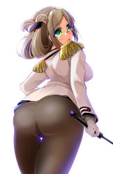 Rule 34 | 10s, 1girl, ass, blush, breasts, brown hair, epaulettes, female focus, from behind, from below, glasses, gloves, green eyes, hair ornament, hairclip, jacket, kantai collection, katori (kancolle), kouki kuu, large breasts, long hair, looking back, military, military uniform, open mouth, pantyhose, riding crop, sideboob, simple background, solo, uniform, white background