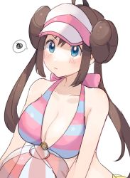 Rule 34 | 1girl, alternate costume, bad id, bad twitter id, ball, beachball, bikini, blue eyes, blush, bow, breasts, brown hair, cleavage, closed mouth, collarbone, creatures (company), double bun, game freak, hair bun, halterneck, highres, large breasts, long hair, nintendo, pink bow, pokemon, pokemon bw2, ririmon, rosa (pokemon), shorts, simple background, solo, spoken squiggle, squiggle, striped bikini, striped clothes, swimsuit, twintails, upper body, visor cap, white background, yellow shorts