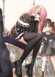 Rule 34 | 2girls, absurdres, belt, beret, black dress, black headwear, black thighhighs, blue eyes, blush, bocchi the rock!, brown hair, building, choker, closed mouth, collarbone, crossed arms, dress, earphones, earrings, frilled dress, frills, goth fashion, gotoh hitori, gradient hair, hair between eyes, hair ornament, hairclip, hat, heart belt, high heels, highres, hmax, jewelry, jirai kei, lace, long hair, long sleeves, mixed-language commentary, multicolored hair, multiple girls, nervous, ootsuki yoyoko, open mouth, outdoors, pink hair, platform footwear, red eyes, red hair, sitting, standing, star (symbol), star hair ornament, thighhighs, twintails, zettai ryouiki