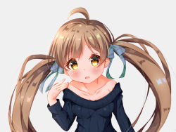 Rule 34 | 1girl, ahoge, arm up, bad id, bad pixiv id, black sweater, blue ribbon, blush, breasts, collarbone, commentary request, grey background, hair ribbon, hakozaki serika, hand on own shoulder, head tilt, idolmaster, idolmaster million live!, light brown hair, long sleeves, long twintails, looking at viewer, off shoulder, open mouth, parted bangs, ribbon, sakurayu777, simple background, small breasts, solo, sweater, twintails, upper body, yellow eyes