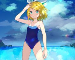 Rule 34 | 1girl, alternate costume, aqua eyes, armpits, bad id, bad pixiv id, bare arms, bare legs, bare shoulders, blonde hair, blue one-piece swimsuit, blue sky, blush, bow, cloud, collarbone, competition school swimsuit, cowboy shot, day, hair bow, hair ornament, hairclip, hand on own head, horizon, kagamine rin, legs apart, lens flare, looking at viewer, note55885, ocean, one-piece swimsuit, school swimsuit, short hair, sky, smile, solo, standing, swept bangs, swimsuit, upper body, vocaloid