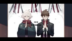 Rule 34 | 2018, 2boys, ahoge, black jacket, black kimono, black necktie, brown gloves, brown hair, buttons, closed eyes, closed mouth, coattails, collared jacket, commentary, danganronpa (series), danganronpa 2: goodbye despair, day, english text, gloves, green eyes, green jacket, hair between eyes, haori, happy new year, hashtag-only commentary, high collar, highres, hinata hajime, jacket, japanese clothes, kimono, komaeda nagito, layered sleeves, letterboxed, light smile, long sleeves, looking at another, looking to the side, male focus, messy hair, multiple boys, necktie, new year, open clothes, open jacket, outdoors, own hands together, praying, red scarf, sash, scarf, shirt, short hair, shrine, single glove, snowing, straight-on, striped clothes, striped scarf, tree, unagi (nakaelric), upper body, waist sash, white hair, white sash, white shirt, wide sleeves, winter