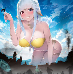 Rule 34 | all fours, au ra, bare shoulders, bent over, bikini, blunt bangs, blush, breasts, cityscape, cleavage, collarbone, commission, dermar, dragon, dragon girl, final fantasy, final fantasy xiv, flower, front-tie bikini top, front-tie top, giant, giantess, grey hair, grin, hair flower, hair ornament, hanging breasts, heterochromia, highres, large breasts, long hair, looking at viewer, navel, purple eyes, red eyes, scales, sidelocks, skeb commission, sky, smile, strapless, strapless bikini, swimsuit
