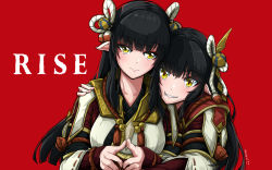 Rule 34 | 2girls, arm around shoulder, black hair, blonde hair, breasts, fingers together, hair ornament, highres, hinoa, long hair, medium breasts, minoto, monster hunter (series), monster hunter rise, multiple girls, pointy ears, rangut, red background, siblings, simple background, sisters, smile, twins