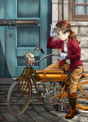 Rule 34 | abazu-red, blouse, blue eyes, boots, brooch, brown footwear, brown hair, brown pants, building, collared shirt, flying merkel, gloves, goggles, goggles on head, hair ribbon, highres, jacket, jewelry, long hair, motor vehicle, motorcycle, old-fashioned, original, pants, red jacket, red ribbon, ribbon, riding, shade, shirt, sitting, solo, wavy hair, white gloves, white shirt
