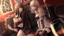 Rule 34 | 2girls, alcohol, black bra, black eyes, black hair, black legwear, black shirt, blurry, blush, bra, bracelet, breasts, cleavage, collar, couch, cross, cross necklace, cup, depth of field, drinking glass, garter straps, grey eyes, indie utaite, indoors, jewelry, long hair, looking at viewer, maka, medium breasts, miniskirt, multicolored hair, multiple girls, nail polish, necklace, off shoulder, open clothes, open shirt, original, painting (object), parted lips, pouring, red bra, red eyes, red nails, red skirt, shirt, silver hair, sitting, skirt, song name, strap slip, striped clothes, striped shirt, studded collar, thighhighs, two-tone hair, underwear, v arms, vertical-striped clothes, vertical-striped shirt, very long hair, vocaloid, wine, wine glass