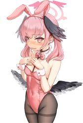 Rule 34 | 1girl, animal ears, bare shoulders, black wings, blue archive, blush, bow, bowtie, breasts, brown pantyhose, collar, commentary request, covered navel, cowboy shot, detached collar, fake animal ears, feathered wings, grey wings, groin, halo, hands up, head wings, highres, kinuta rishi, koharu (blue archive), leotard, nose blush, pantyhose, parted lips, pink bow, pink bowtie, pink eyes, pink hair, pink leotard, playboy bunny, rabbit ears, simple background, small breasts, solo, strapless, strapless leotard, thighband pantyhose, twintails, wavy mouth, white background, white collar, wing collar, wings, wrist cuffs