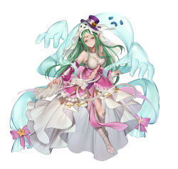 Rule 34 | 1girl, absurdres, bandaged arm, bandaged leg, bandages, bare shoulders, breasts, commentary request, detached sleeves, dress, fire emblem, fire emblem: mystery of the emblem, fire emblem awakening, fire emblem heroes, frills, full body, ghost, green eyes, green hair, halloween costume, hanusu, hat, highres, jewelry, long dress, long hair, looking at viewer, medium breasts, naga (fire emblem), navel, nintendo, official art, pale skin, pointy ears, sarashi, shiny skin, simple background, stomach, tiara, toeless legwear, toes, veil, white background, wide sleeves