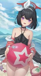 Rule 34 | 1girl, ball, bare shoulders, beach, bikini, black bikini, black choker, black hair, black wings, blue archive, blue sky, choker, cloud, cloudy sky, collarbone, commentary, cowboy shot, day, feathered wings, hair ribbon, hairband, halo, highres, holding, holding ball, jacket, jorim, looking at viewer, low wings, lower teeth only, mashiro (blue archive), mashiro (swimsuit) (blue archive), ocean, off shoulder, official alternate costume, open mouth, pink jacket, purple eyes, red halo, ribbon, short hair, shovel, sky, smile, solo, standing, starfish, swimsuit, teeth, tongue, white hairband, white ribbon, wings