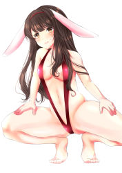 Rule 34 | 10s, 1girl, 3:, absurdres, animal ears, areola slip, barefoot, blush, breasts, brown eyes, brown hair, closed mouth, fake animal ears, feet, hands on thighs, highres, kurenaino aria, long hair, medium breasts, navel, occultic;nine, rabbit ears, simple background, slingshot swimsuit, solo, spread legs, squatting, sweatdrop, swimsuit, wavy hair, white background, yuzuri ai (ichigo crown)