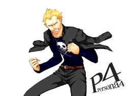 Rule 34 | 1boy, angry, atlus, belt, bleached hair, blonde hair, bullet, clenched hands, clenched teeth, copyright name, delinquent, ear piercing, earrings, highres, jacket, jacket on shoulders, jewelry, jolly roger, long sleeves, male focus, necklace, pants, persona, persona 4, piercing, scar, simple background, skull, solo, tatsumi kanji, teeth, white background, widow&#039;s peak, xefer