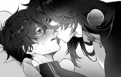 Rule 34 | 2boys, blade (honkai: star rail), blush, boy on top, chinese clothes, dan heng (honkai: star rail), from side, greyscale, hair between eyes, highres, honkai: star rail, honkai (series), imminent kiss, long hair, looking at another, male focus, monochrome, multiple boys, open mouth, oryunbunkosu, parted lips, shirt, short hair, sweatdrop, upper body, yaoi, zipper