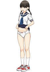 Rule 34 | 1girl, black eyes, black hair, blouse, blue neckerchief, blue sailor collar, blue skirt, blush, bow, bow panties, clothes lift, commentary request, cross-laced footwear, crotch seam, full body, hair tie, lifted by self, maburu (lojyq1eur3e8bit), medium hair, miniskirt, navel, neckerchief, open mouth, original, panties, pleated skirt, red footwear, sailor collar, shirt, shoes, short sleeves, simple background, skirt, skirt lift, sneakers, socks, solo, standing, underwear, white background, white panties, white shirt, white socks