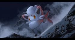 Rule 34 | absurdres, cloud, cold, commentary request, creatures (company), es-ther, fog, from below, game freak, highres, hisuian zorua, letterboxed, looking down, mountain, night, nintendo, orange eyes, outdoors, pokemon, pokemon (creature), sky, snow, star (sky)