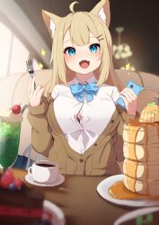 Rule 34 | 1girl, :d, absurdres, ahoge, animal ear fluff, animal ears, black bra, blonde hair, blue bow, blue bowtie, blue eyes, blue nails, blurry, blurry background, bow, bowtie, bra, bra peek, breasts, brown cardigan, button gap, cake, cardigan, cellphone, coffee, collared shirt, commentary request, cup, fang, fingernails, food, fork, fox ears, fox girl, hair ornament, hairclip, highres, hinata (user rjkt4745), holding, holding fork, holding phone, indoors, large breasts, long sleeves, looking at viewer, nail polish, open mouth, original, pancake, phone, school uniform, shirt, skin fang, smile, solo, underwear, white shirt