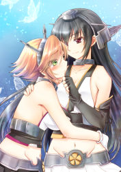Rule 34 | 10s, 2girls, back, bare shoulders, black gloves, black hair, blue background, blush, breasts, bug, butterfly, chize, cleavage, collarbone, elbow gloves, eye contact, fingerless gloves, friends, gloves, grabbing another&#039;s chin, gradient background, green eyes, groin, hair between eyes, hairband, headband, headgear, hug, insect, jewelry, kantai collection, large breasts, light brown hair, light smile, long hair, looking at another, midriff, miniskirt, multiple girls, mutsu (kancolle), nagato (kancolle), navel, neck, neck ring, pleated skirt, red eyes, short hair, skirt, sleeveless, smile, tank top, upper body, white gloves, yuri