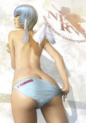 Rule 34 | 1girl, angel, ass, ayanami rei, back, blue hair, blue panties, butt crack, character name, closed mouth, cowboy shot, feathered wings, female focus, from below, looking at viewer, looking back, looking down, mini wings, neon genesis evangelion, nerv, panties, panties only, panty pull, profile, pulling own clothes, realistic, red eyes, short hair, solo, topless, underwear, underwear only, watanabe yasuaki, white wings, wings