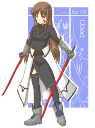 Rule 34 | 00s, brown hair, deed (nanoha), gloves, long hair, lyrical nanoha, mahou shoujo lyrical nanoha, mahou shoujo lyrical nanoha strikers, numbers (nanoha), red eyes, solo, sword, thighhighs, weapon, zero point
