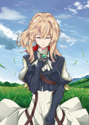 Rule 34 | 10s, 1girl, absurdres, blonde hair, blue jacket, braid, brooch, closed eyes, cloud, cowboy shot, daruartworks, day, dress, grass, hair between eyes, hair intakes, hair ribbon, highres, hill, holding, holding jewelry, holding necklace, jacket, jewelry, long sleeves, mechanical hands, necklace, prosthesis, prosthetic arm, prosthetic hand, red ribbon, ribbon, sky, solo, standing, violet evergarden, violet evergarden (series), wind