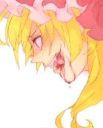 Rule 34 | 1girl, bad id, bad pixiv id, blonde hair, blood, fangs, female focus, flandre scarlet, from side, gatimuchihonpo, hat, mob cap, portrait, sagami jon, solo, touhou, vampire, white hat