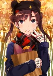 Rule 34 | 1girl, animal hat, bag, bear hat, black hat, blue coat, blush, brown hair, closed mouth, coat, commentary request, day, food, food on face, gloves, hair between eyes, hat, hugging object, long hair, long sleeves, looking at viewer, original, outdoors, paper bag, plaid, plaid scarf, print gloves, purple eyes, red scarf, roasted sweet potato, scarf, solo, sweet potato, tan (tangent), tongue, tongue out, twintails, white gloves