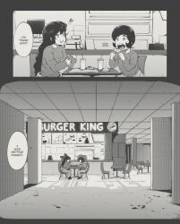 Rule 34 | 2girls, backrooms (creepypasta), burger, burger king, cash register, chair, commentary, cup, disposable cup, english commentary, english text, food, french fries, greyscale, highres, holding, holding food, holly (tyrone), indoors, lily (tyrone), long hair, long sleeves, missing tooth, monochrome, multiple girls, original, photo-referenced, restaurant, short hair, sitting, speech bubble, sweater, table, tray, tyrone