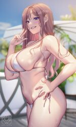 Rule 34 | 1girl, absurdres, ass, bikini, blue eyes, blush, breasts, commentary, from side, highres, large breasts, light brown hair, long hair, love cacao, navel, original, side-tie bikini bottom, smile, solo, swimsuit, symbol-only commentary, thighs, umbrella, v, watermark, white bikini
