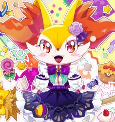 Rule 34 | 1girl, animal ear fluff, animal ears, animal nose, artist name, back bow, bat (animal), blush, blush stickers, body fur, bow, bowtie, braixen, breasts, brooch, candy, clothed pokemon, colorful, cowboy shot, cream, creatures (company), doughnut, fangs, female focus, flat chest, flower, food, fox ears, fox girl, frilled skirt, frilled sleeves, frills, fruit, furry, furry female, game freak, gem, gen 6 pokemon, hair flower, hair ornament, happy, highres, jewelry, kiki (431642), lollipop, looking at viewer, miniskirt, multicolored background, nintendo, open mouth, outline, pokemon, pokemon (creature), puffy short sleeves, puffy sleeves, purple bow, purple bowtie, purple flower, purple gemstone, purple rose, purple skirt, rare candy, red bow, red eyes, revive (pokemon), rose, shirt, shirt tucked in, short sleeves, skirt, small breasts, smile, snout, solo, standing, strawberry, twitter username, two-tone fur, watermark, white fur, white outline, white shirt, yellow bow, yellow fur