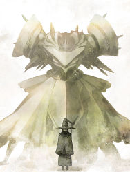 Rule 34 | androgynous, bad id, bad pixiv id, black hair, cloak, commentary, desert, fantasy, gender request, golem, hat, mecha, muted color, pale color, pixiv fantasia, pixiv fantasia 1, robot, sand, solo, translation request, tsukuba masahiro, witch hat, wizard