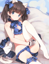 Rule 34 | 1girl, animal ears, bed sheet, black hair, blue bow, blue bowtie, blue bra, blue eyes, blue panties, blunt bangs, bow, bow legwear, bowtie, bra, brave witches, breasts, cleavage, dot mouth, dot nose, frilled bra, frilled panties, frills, georgette lemare, gloves, hair bow, hand on own thigh, looking at viewer, lying, midriff, navel, on back, panties, polka dot, polka dot bow, shimada fumikane, small breasts, soles, stomach, thighhighs, twintails, underwear, white gloves, white thighhighs, world witches series
