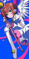 Rule 34 | 1girl, blue background, brown hair, cardcaptor sakura, dress, expressionless, full body, green eyes, holding, holding wand, kinomoto sakura, knees to chest, looking at viewer, magical girl, minini (@mofumofu alien), parted lips, petals, ribbon, short hair, simple background, solo, wand, white dress, wings