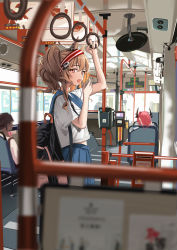 Rule 34 | 1boy, 2girls, absurdres, angelina (arknights), animal ears, arknights, arm up, auguste, backpack, bag, black bag, blouse, blue sailor collar, blue skirt, blurry, blurry foreground, brown hair, bus interior, depth of field, fox ears, from side, hairband, highres, long hair, looking at viewer, looking to the side, multiple girls, open mouth, pleated skirt, red eyes, red hairband, revision, sailor collar, school uniform, serafuku, shirt, short sleeves, skirt, solo focus, standing, surtr (arknights), thorns (arknights), twintails, white shirt, yawning
