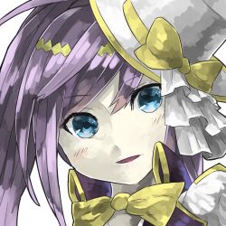 Rule 34 | 1girl, blue eyes, blush, bow, bowtie, frills, hat, hat bow, long hair, mosamune, open mouth, ponytail, purple hair, puzzle &amp; dragons, ruka (p&amp;d), side ponytail, simple background, smile, solo, top hat, upper body, white background, white hat, yellow bow