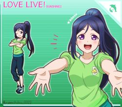 Rule 34 | 1girl, :d, black pants, blue hair, blush, character name, collarbone, copyright name, crossed arms, dolphin print, green background, green shirt, grin, high ponytail, long hair, looking at viewer, love live!, love live! sunshine!!, matsuura kanan, off-shoulder shirt, off shoulder, one eye closed, open mouth, pants, parted bangs, print shirt, purple eyes, shirt, smile, striped background, twitter username, very long hair, yumechiku
