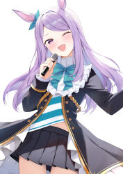 Rule 34 | 1girl, ;d, absurdres, animal ears, aqua bow, aqua bowtie, black skirt, blush, bow, bowtie, ear bow, highres, holding, holding microphone, horse ears, horse girl, horse tail, long hair, long sleeves, looking at viewer, mejiro mcqueen (umamusume), microphone, one eye closed, open mouth, pleated skirt, purple eyes, purple hair, rei (ilust9999), skirt, smile, tail, umamusume