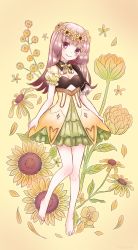 Rule 34 | 1girl, absurdres, asayama, atelier (series), atelier lydie &amp; suelle, bad id, bad pixiv id, barefoot, blush, bow, bowtie, breasts, cleavage, flower, flower wreath, highres, leaf, long hair, pink eyes, pink hair, solo, suelle marlen, sunflower, yellow background