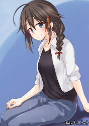 Rule 34 | 10s, 1girl, ahoge, anti (untea9), black hair, black shirt, blue background, blue eyes, braid, casual, collared shirt, denim, hair ornament, hair over shoulder, hair ribbon, hand on own knee, highres, jeans, kantai collection, looking at viewer, pants, red ribbon, ribbon, shigure (kancolle), shirt, side braid, simple background, single braid, sitting, smile, solo, twitter username, white shirt