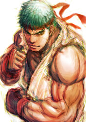 Rule 34 | 1boy, black hair, boxing gloves, clenched hands, dougi, fighting stance, forked eyebrows, headband, kuroneco, looking at viewer, male focus, muscular, muscular male, pectorals, red headband, ryu (street fighter), short hair, sketch, smile, solo, street fighter, thick eyebrows