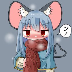 Rule 34 | 1girl, animal ear fluff, animal ears, blue capelet, blush, capelet, closed mouth, embarrassed, grey hair, kasuya baian, long hair, long sleeves, looking at viewer, mouse ears, nazrin, nose blush, red eyes, red scarf, scarf, solo, speech bubble, sweatdrop, touhou, translation request