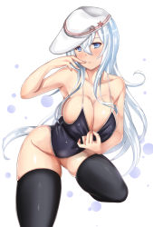 Rule 34 | 10s, 1girl, aged up, alternate breast size, alternate costume, armpits, bare shoulders, black one-piece swimsuit, black thighhighs, blue eyes, blue hair, blurry, bokeh, breasts, cleavage, clothes pull, competition school swimsuit, depth of field, embarrassed, frown, hair between eyes, hand to own mouth, hat, hibiki (kancolle), highres, kantai collection, large breasts, long hair, looking at viewer, matching hair/eyes, one-piece swimsuit, one-piece swimsuit pull, pulling own clothes, school swimsuit, seiza, simple background, sitting, skindentation, solo, spread legs, swimsuit, thighhighs, thighs, untue, verniy (kancolle), very long hair, white background, white hat