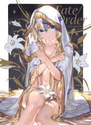 Rule 34 | 1girl, banner, blonde hair, blue eyes, blush, breasts, cleavage, commentary request, copyright name, emmmerald, fate/grand order, fate (series), flower, headpiece, jeanne d&#039;arc (fate), jeanne d&#039;arc (ruler) (fate), lily (flower), long hair, looking at viewer, navel, nude, parted lips, sitting, solo, very long hair