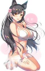 Rule 34 | 1girl, animal ears, asahina hikage, atago (azur lane), atago (summer march) (azur lane), azur lane, bare arms, bikini, black hair, blush, breasts, cleavage, flower, hair flower, hair ornament, hair ribbon, hand on own thigh, large breasts, long hair, looking at viewer, ribbon, see-through, simple background, sitting, skindentation, smile, solo, swimsuit, white background, white bikini, white ribbon, yellow eyes