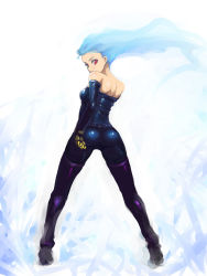 Rule 34 | 1girl, alternate costume, ass, back, bare shoulders, belt, blue hair, breasts, detached sleeves, gloves, highres, johan (johan13), kula diamond, leather, leather pants, long hair, looking back, pants, red eyes, shiny clothes, snk, solo, the king of fighters, thighhighs, wind