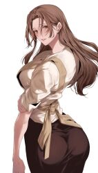 Rule 34 | 1girl, apron, ass, brown eyes, brown hair, ero404, highres, long hair, looking at viewer, naver (website), original, solo, straight hair, white background