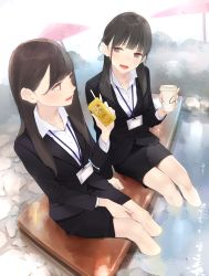 Rule 34 | 2girls, :d, ama mitsuki, ashiyu, black hair, breasts, brown eyes, brown hair, business suit, cup, drinking straw, formal, id card, juice box, long hair, low twintails, multiple girls, name tag, office lady, open mouth, original, pencil skirt, resolution mismatch, sitting, skirt, smile, source larger, steam, suit, teeth, twintails, wading, water