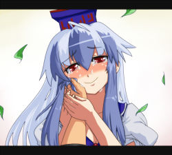 Rule 34 | 1girl, blue hair, blush, couple, crying, crying with eyes open, holding hands, hand on another&#039;s cheek, hand on another&#039;s face, happy, happy tears, hat, hetero, kamishirasawa keine, leaf, letterboxed, loggy, long hair, looking at viewer, pov, red eyes, smile, solo focus, tears, touhou