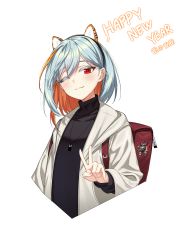 Rule 34 | 1girl, 2022, ;), absurdres, alternate costume, alternate hairstyle, animal ears, backpack, bad id, bad pixiv id, bag, black hairband, black shirt, blue hair, character print, collared shirt, colored inner hair, controlline3, counter:side, cropped torso, english text, evolved one, fake animal ears, fingernails, hair between eyes, hairband, happy new year, head tilt, highres, hood, hooded jacket, jacket, jewelry, light blue hair, light blush, light smile, long fingernails, long sleeves, looking at viewer, medium hair, multicolored hair, nail polish, necklace, new year, one eye closed, open clothes, open jacket, orange hair, orange nails, pendant, red bag, red eyes, shirt, sigma (counter:side), simple background, smile, solo, streaked hair, swept bangs, tiger ears, v, white background