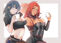 Rule 34 | 2girls, arm up, blue eyes, breasts, byleth (female) (fire emblem), byleth (fire emblem), cleavage, cup, dark-skinned female, dark skin, fire emblem, fire emblem: three houses, hapi (fire emblem), highres, ihsnet, lips, looking at viewer, medium breasts, multiple girls, navel, nintendo, pantyhose, pantyhose under shorts, shorts, upper body